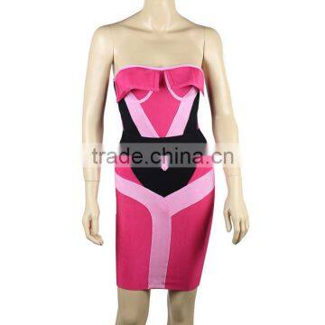2015 New Fashion Pink And Black Tribal Geometric Embellished Strapless Sexy Women HL Bandage Cocktail Party Dress photo-3