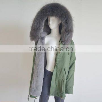 Myfur Customized Army Green Shell Parka Coat With Real Fur Hooded Faux Fur Lining photo-3