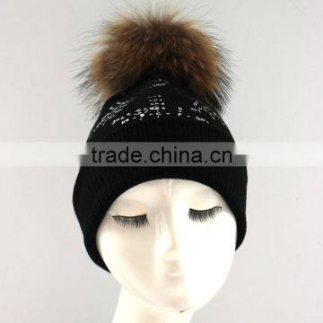 Myfur New Fashion Printing Beanie Winter Hat Type and Knitted Pompom Beanies