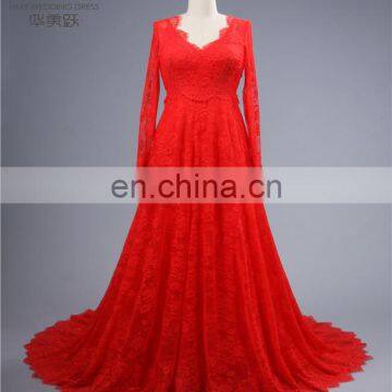 New Style ZZ-E001 A-Line Backless Soft Lace Red Evening Dress Long Sleeve