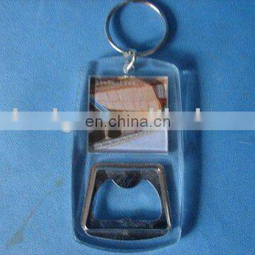 custom design Cheap Acrylic Bottle Opener Keychain, promotional/souvenir plastic photo frame key ring