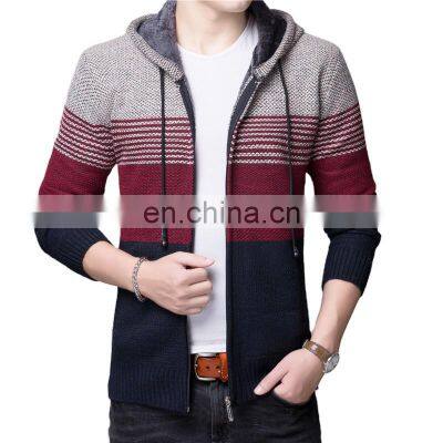 Custom men's plus size plus velvet warm long-sleeved hooded zipper knit cardigan stand collar sweater jacket