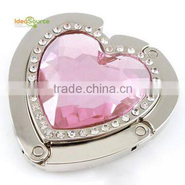 Hot Sale Heart Shape Folding Bag Purse Hook, Foldable Bag Holder For Tables With Big Crystal Wholesale