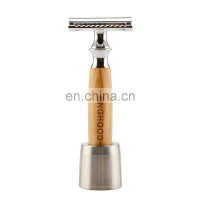 Kinghood Reusable Chromium Olive Wood Double Edge Safety Razor with Stand Set