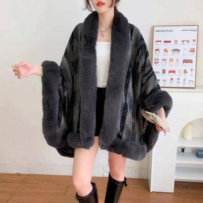 Autumn and Winter Large Loose Imitation Rex Rabbit Fur Collar Slit Design Knitted Fur Cape Warm Cloak photo-3