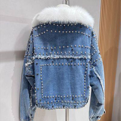 Short Denim Down Jacket, Women's Detachable Inner Liner, Parka Jacket, Oversized Real Fur Collar, Rivet Jacket photo-2