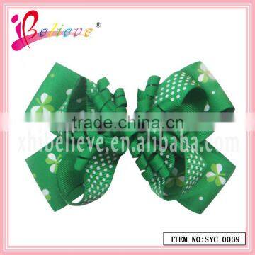 Eco-friendly grosgrain ribbon green four leaf clover ribbon bow hair clip (SYC-0039)