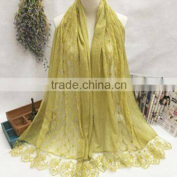 Latest Beautiful Charm Lace Pattern Plain Cotton Muslim Embroidery Scarf