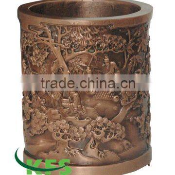 Bronze brush pot with scenery relief sculpture