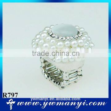 Plated silver pearl ring rhinestone rings big opal ring R797