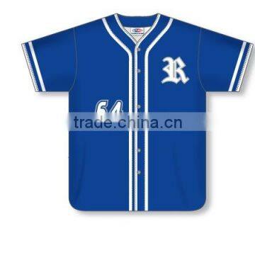 Custom Full Buttons Sublimated Short Sleeve Blue White Baseball Jersey/Shirt made of Moisture Wicking Cool Polyester fabric