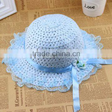 Cute Summer Child Girls Straw,Floppy Flower Beach Hat With Lace Embellishment photo-4