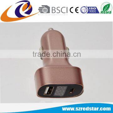 Aluminum Type C Car Charger with Voltage Display