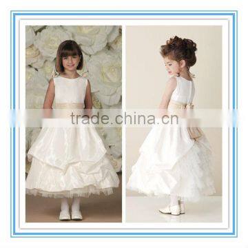 Sleeveless Taffeta Tulle Ruched Waistband Big Bow Flower Girl Dress(FLMO-3050)