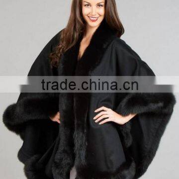 New Fashion Cape Brand Cashmere Shawl Hand Made Wholesale Cashmere And Fox Fur Trim Cape