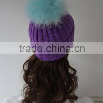 Purple Rib Knitted Hat With Top Baby Blue Raccoon Fur Ball Cute Fur Pompom Knit Beanie Cap