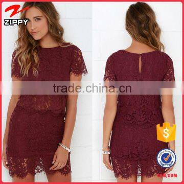 2016 women casual burgundy lace dress two piece set dresses