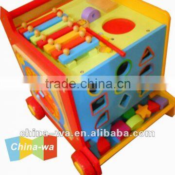 2012 multi-function wooden cube walker wagon or trolley toy for toddler