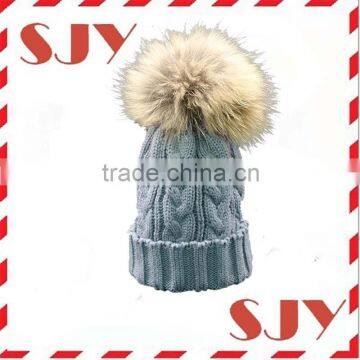 Custom kids winter beanie hats with fur pom pom