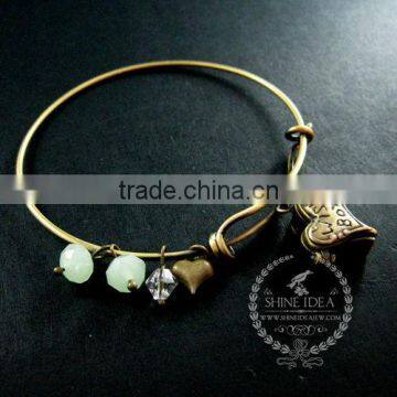 vintage bronze antiqued heart prayer wish box ice green glass beads wish charms fashion women wiring bangle bracelet 6450038