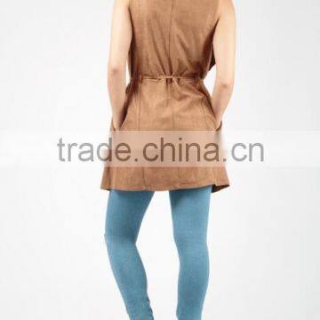 Designer Sleeveless Jackets Trendy Suedette Roll Neck High Waist Sleeveless Jacket Ladies For Outdoor Casual Wear