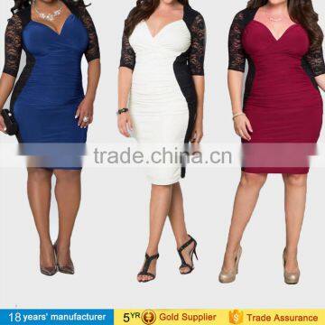 2017 latest European and American women big size clothing lace sleeve v-neck ruched bodycon sexy plus size dresses pictures