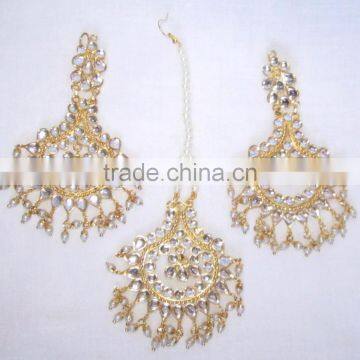 JADAU KUNDAN GOLD PLATED Dangler EARRINGS TIKA SET real look