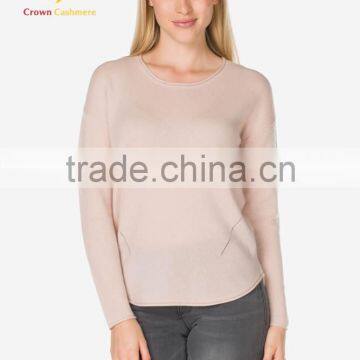 Women Merino Wool Pink Cahsmere Sweater Crew Neck