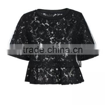 2016 Ladies Black Lace Loose Style Short Sleeve O-neck Shirt/blouse photo-3