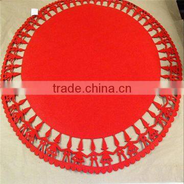 Scandinavian Christmas Red Felt Table Cloth, 35" Round Die Cut Table Cloth With Gnomes Pattern