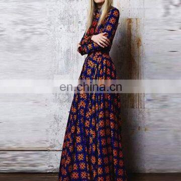 Orange Floral Print Islamic Muslim Long Sleeve Cocktail Bohemian Maxi Dress