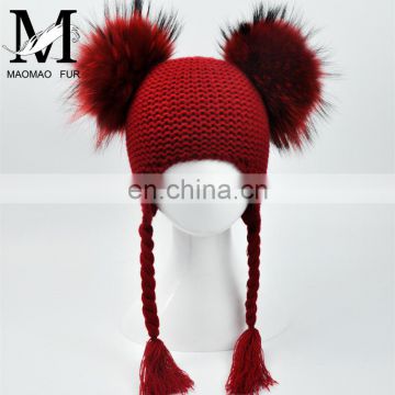 China Factory Custom Hat Cute Winter Kids Beanie Hats Double Fur Balls