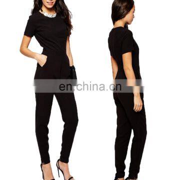 2015 New Arrival wholesale Woman Fashion Short Sleeve Long Black Denim Women Jumpsuits