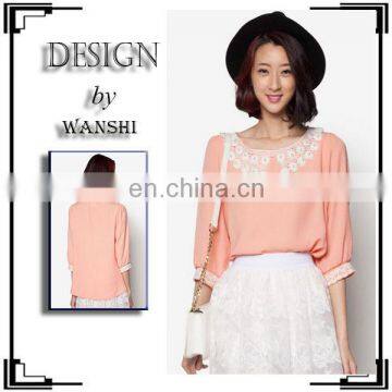 Custom Chiffon Blouse With Lace Flat Collar Half Sleeves Women Shirts and Tops