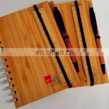 natural genuine bamboo spiral 70sheets notebook orgnizer set with bamboo ball pen and ruler