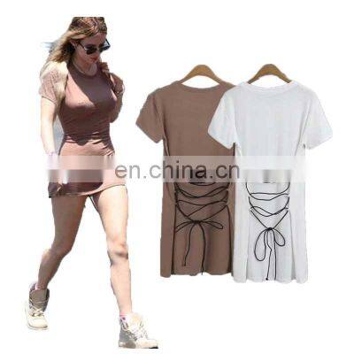 Customized sexy women's back cross tie rope mid-length short-sleeved T-shirt women summer new style dress