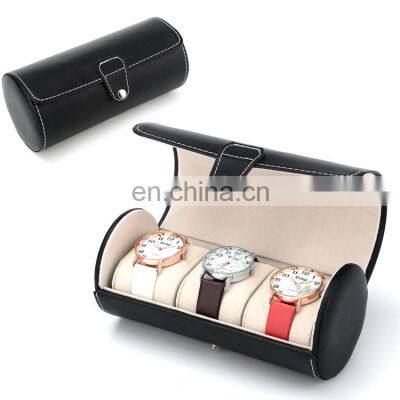 Custom travel portable 3 slot leather rounded watch storage case watch roll box