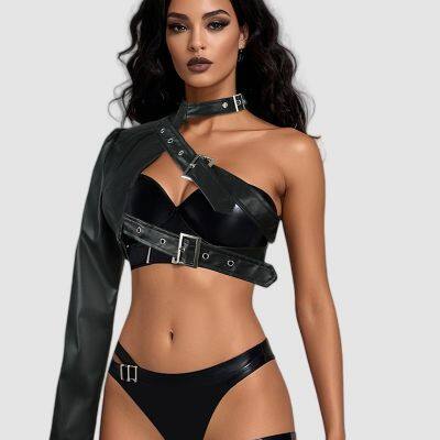 2025 Black Punk Single Shoulder PU Leather Robe Rock Dance Versatile Irregular European and American Independent Station Customized Typing photo-3