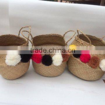 High quality best selling eco-friendly Pom Pom Sea Grass Belly Basket from Vietnam