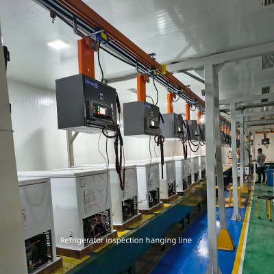 Линия контроля висящих морозильников. Линия испытания холодильников. Автоматическая циркуляционная линия производства