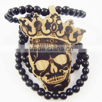 Good quality Hip-hop skull king wood Pendant Bead Chain Necklace