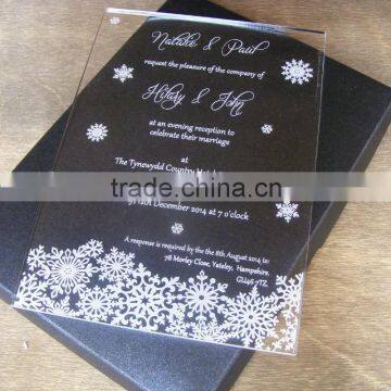 Popular transparent acrylic wedding invitations with white screen printing&snowflake                        
                                                Quality Choice