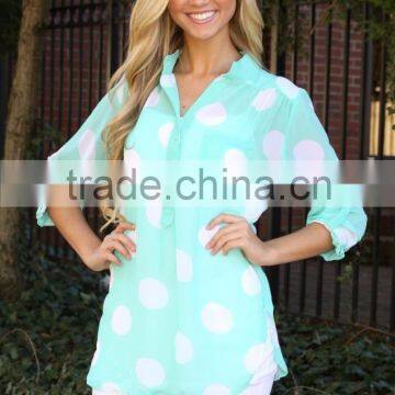 Mint button up cuffed sleeves ladies white polka dot print chiffon blouse