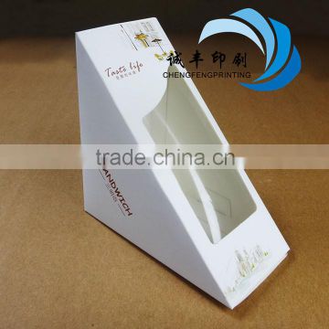 triangle shape hot sale white paper PVC packaging for sandwich