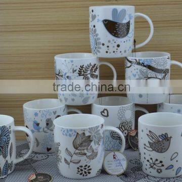 11OZ fat bird design full decal print tea cups, shiny surface porcelain mug, KL5016-296