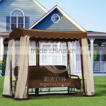 Outdoor adult 3 seat hanging garden swing chair with canopy and curtain