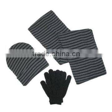 Mens Knit Striped Hat Gloves and Scarf Winter Set