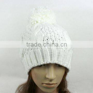 Pure white lovely knit women hat with pom pom