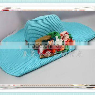 Flower Decorated Blue Floppy Straw Hats