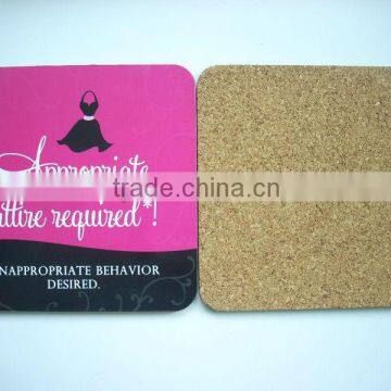 Square shape wood cork coaster , custom design printing wood cup mat